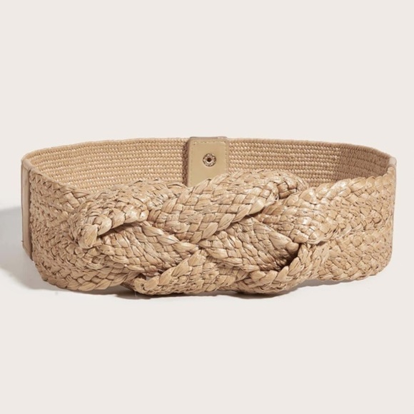 Boho Wide Braided Snap Button Straw Belt - Picture 2 of 5